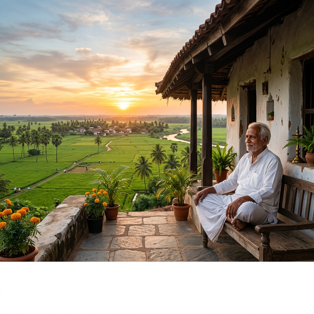 Telugu Village Elder Grandfather on Veranda at Sunset